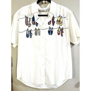 Casey & Max Womens “Laundry” Shirt LARGE Button Front Embroidered Short Sleeve